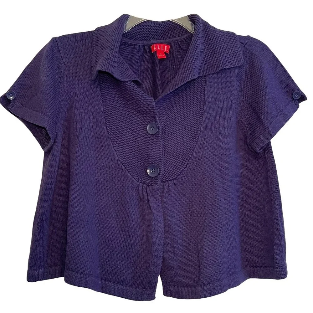 ELLE Purple Cardigan Short Sleeve Knit Crochet Sweater Button Top Size XL - Picture 1 of 10